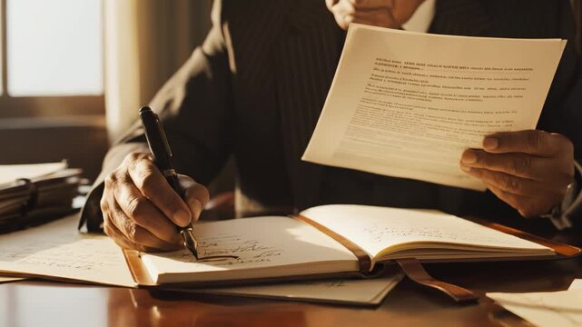 Elderly man in suit writing at desk
