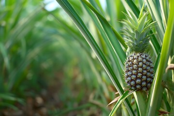 Fototapeta premium Young pineapple fruit growing on a tropical plantation plant