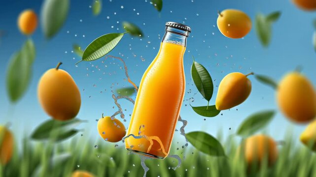 Orange juice bottle surrounded by floating mangoes and leaves, with splashes of juice and droplets creating a vibrant, refreshing scene in a sunny outdoor setting