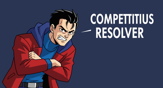 Cartoon man with aggressive expression and speech bubble saying Compettitius Resolver