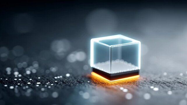 Transparent cube with glowing edges positioned on a textured surface, showcasing gradual changes in light and reflection across three sequential frames