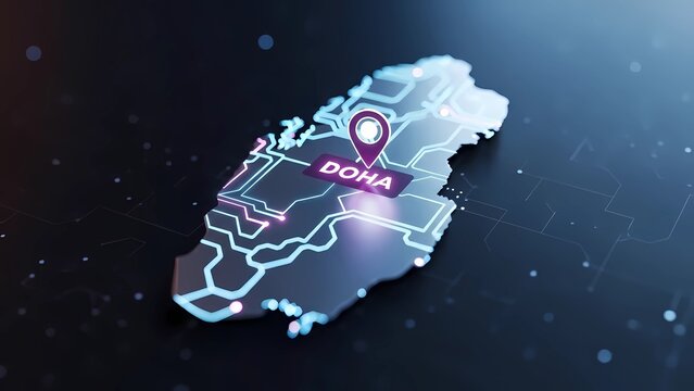 Futuristic digital map of Qatar with Doha location pin