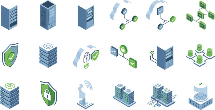 Set of isometric cloud computing and cybersecurity icons with a modern, clean style. Digital security, data protection, IT infrastructure concept.