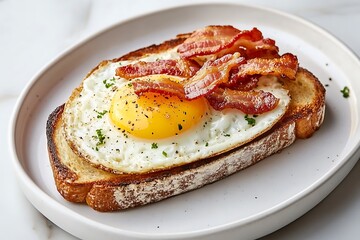 A perfectly fried egg served with crunchy bacon and warm buttered toast.