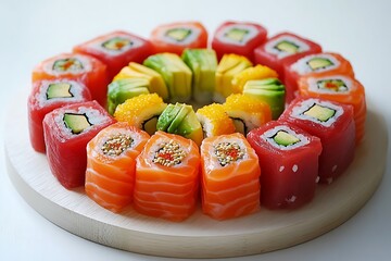 A fresh sushi assortment featuring salmon, tuna, and sliced avocado.