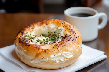A warm toasted bagel layered with smooth cream cheese and fragrant herbs.