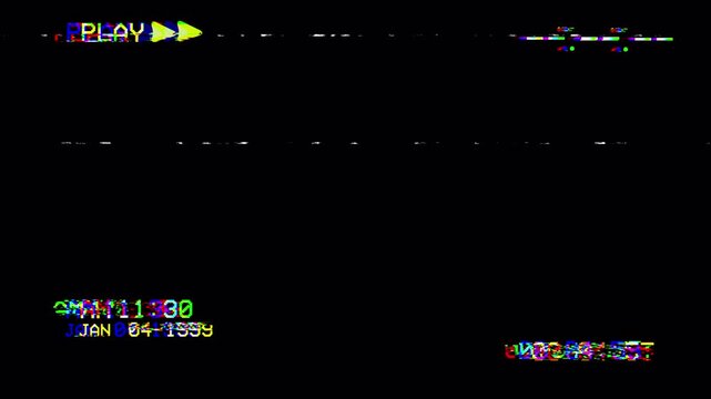 VHS Play Overlay Retro Glitch Noise Loop with Vintage Timecode and Static Lines 4k video animation seamless loop