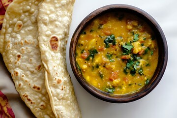 A warm handmade flatbread served alongside flavorful rich curry.