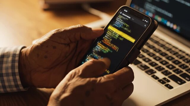 Older person coding on smartphone