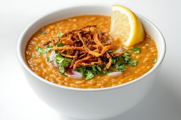 A warm bowl of lentil soup finished with crisp onions and green herbs.
