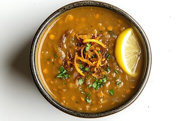A flavorful lentil broth crowned with golden onions and freshly chopped herbs.