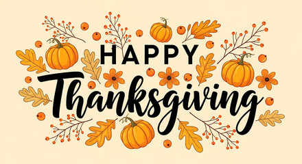 Happy Thanksgiving greeting card with pumpkins and autumn flora
