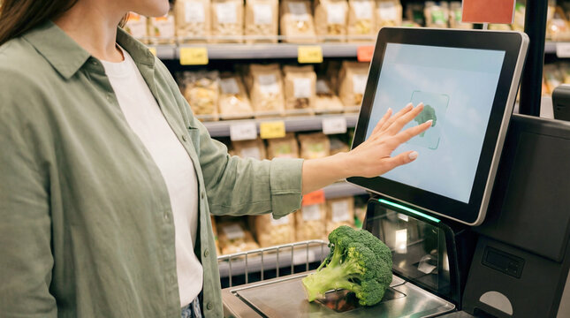 Woman using self checkout terminal while shopping in supermarket. Retail automation concept, modern technology in grocery store and independent consumer experience.