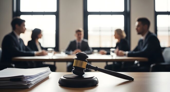 Gavel on desk in courtroom. blurred lawyers or business people meeting in background. legal justice concept