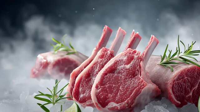 Fresh lamb chops arranged on ice with lime slices and rosemary, showcasing the vibrant colors and textures in a culinary setting for food presentation
