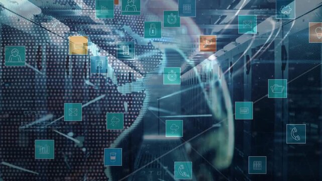 Digital icons and data processing animation over diverse people in office