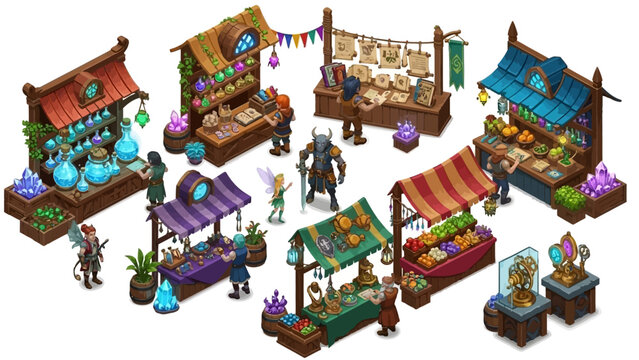 Whimsical Fantasy Market Scene Isometric Game Art Assets