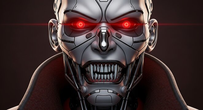 Cybernetic being with glowing red eyes and sharp teeth.