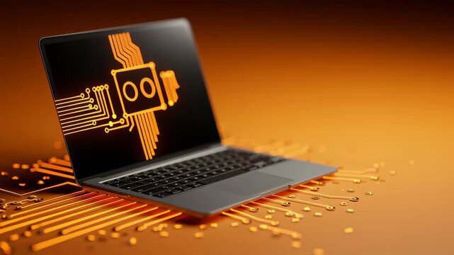 Laptop computer with illuminated circuit design on screen, showcasing progressive visual changes in graphics and layout against a vibrant orange background