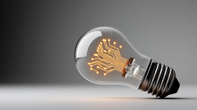 Light bulb with visible circuit design illuminated, showcasing innovative technology in a sleek, modern setting against a gradient gray background