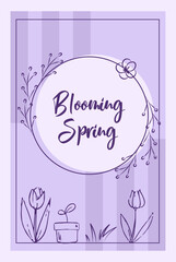 Blooming spring greeting card with hand drawn floral vector illustrations in grunge chalk or charcoal rough doodle sketch style elements on purple striped background