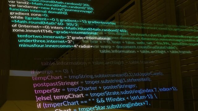 Upon vaulted hall view, translucent JavaScript code projection scrolling while camera panning right