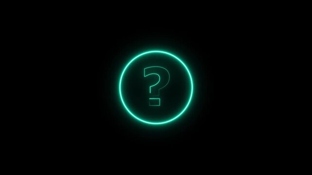 A bright cyan neon glow encircles a simple question mark symbol against a completely black background representing inquiry and mystery Keywords: question mark neon cyan glow circle black background