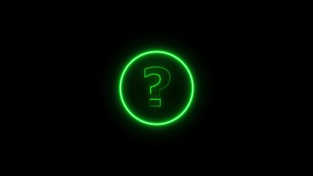 A vivid green neon light forms a question mark within a circular border against a black backdrop representing inquiry and the unknown Keywords: question mark neon green glow circle black background