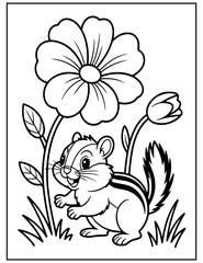 Coloring page of a chipmunk near a large flower and buds