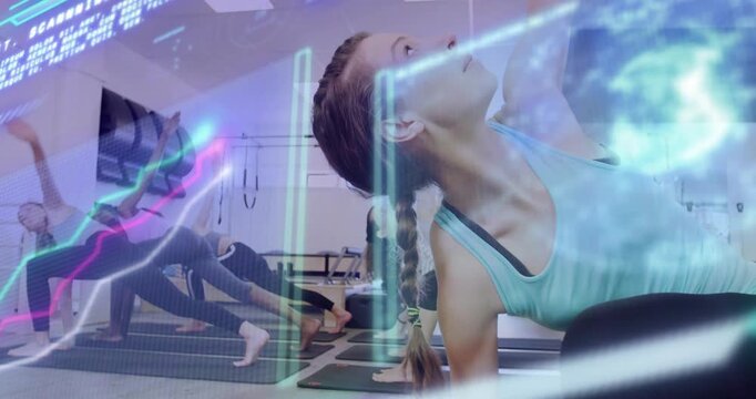Instructor guiding fitness side plank and starting animated data overlays while students mirroring