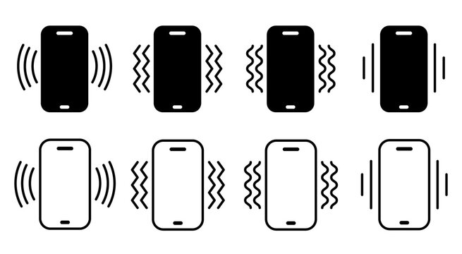 Set of ringing smartphone icons, vibrating mobile phones in black solid and outline styles with different wave patterns