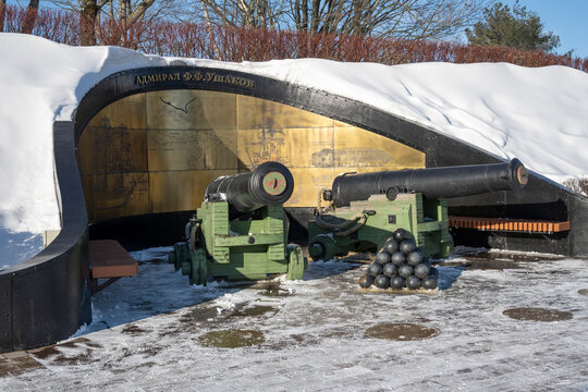 KRONSTADT, RUSSIA - FEBRUARY 23, 2026: Memorial to Admiral Ushakov. The Alley of Heroes of the Russian Fleet in the park "Island of Forts", Kronstadt (St. Petersburg)