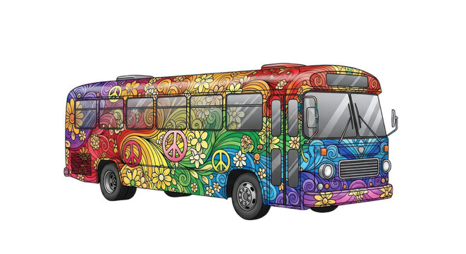 A vibrant, psychedelic bus adorned with floral patterns and peace symbols on a black background.