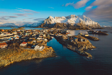 Fototapeta premium Aerial view of winter landscape in Lofted Islands