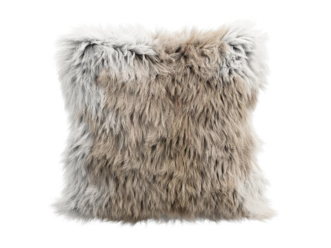 Neutral two tone fluffy faux fur pillow isolated PNG, square shaggy decorative cushion in greige color, modern home decor element