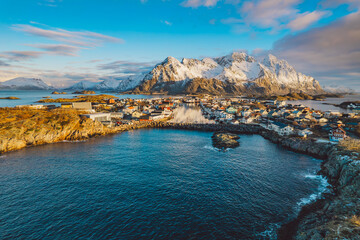 Fototapeta premium Aerial view of winter landscape in Lofted Islands