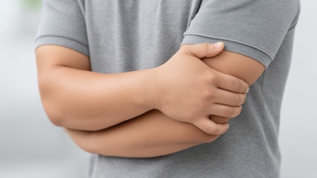 Person Holding Their Elbow and Forearm with Visible Discomfort in a Neutral Environment