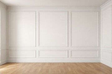 Fototapeta premium Classic White Paneled Wall Interior with Wooden Floor and Elegant Residential Design
