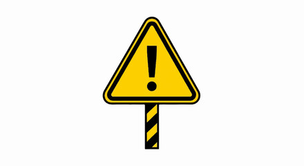 Yellow warning triangle sign with exclamation mark on striped pole