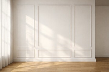 Fototapeta premium Sunlit Classic White Paneled Wall Interior with Sheer Curtains and Wooden Floor