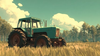 Fototapeta premium Vintage blue tractor sits in field of golden grain, with forest & cloudy sky backdrop