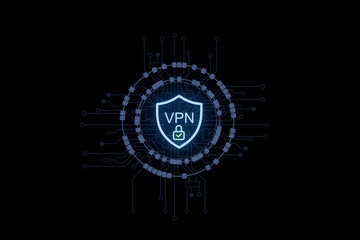 Obraz premium VPN shield with circuit design represents online security and privacy during internet browsing activities at night