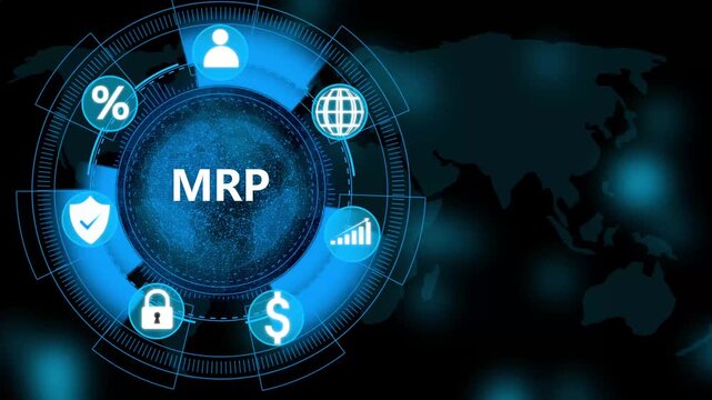 MRP graphic interface with icons representing business processes on a global network background. Network insights and data-driven business technology.