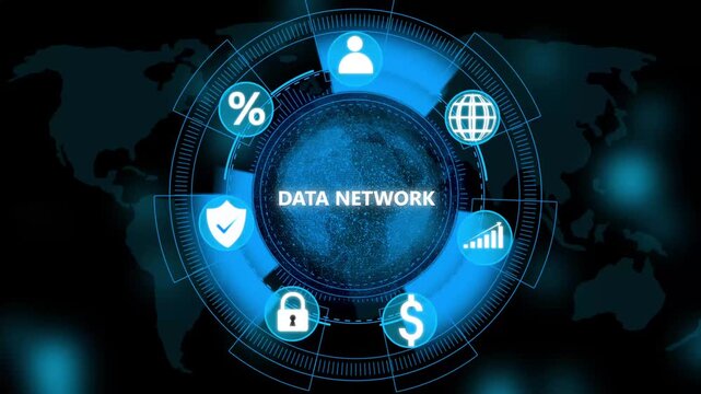 Data Network schematic animation, illustrating global information flow and interconnected devices with digital icons.
