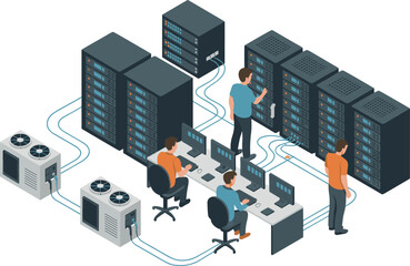 Isometric Data Center with Server Racks IT Technicians Monitoring Systems Network Cables and Cooling Units Illustration