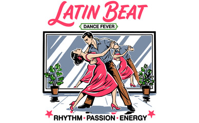 Obraz premium Latin Beat Dance Fever. Retro couple dancing vector art. Rhythm, passion, energy graphic design for t-shirt, poster, club.
