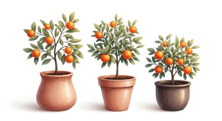 Three small potted trees with orange fruits and green leaves