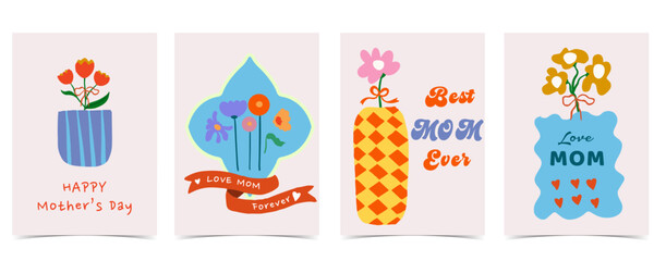 Cute colorful mother’s day greeting card set with bow,ribbon and floral Illustrations for a4 vertical invitation design © piixypeach