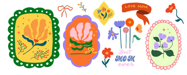 Naklejka premium Cute colorful mother’s day element object set with bow,ribbon,frame,vase and floral Illustrations for invitation design