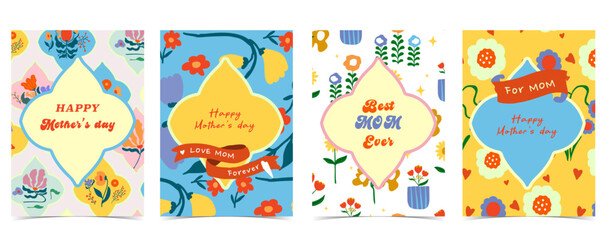 Obraz premium Cute colorful mother’s day greeting card set with bow,ribbon and floral Illustrations for a4 vertical invitation design